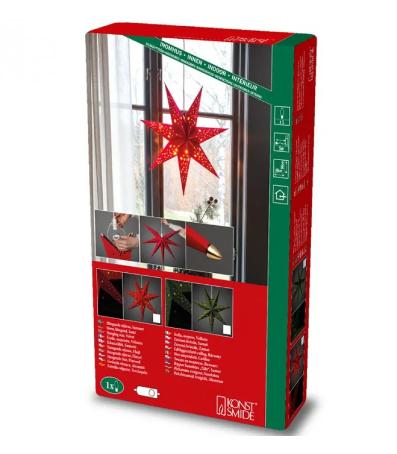 Etoile Lumineuse 7 Branches En Papier Velours Rouge A Suspendre, 60 Cm<Konstsmide, guirlandes lumineuses de Noël Hot