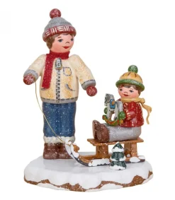 Village De Noël Miniature, Garcon Et Petit Frere Sur Luge<Hubrig, figurines pour enfant Online